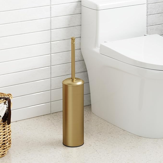 BESy Toilet Brush and Holder Toilet Cleaner Bowl Set with Two Brush with Extra Long Handle Durable Bristles Toilet Scrubber and Covered Holder Drip-Proof Stainless Steel Brushed Gold