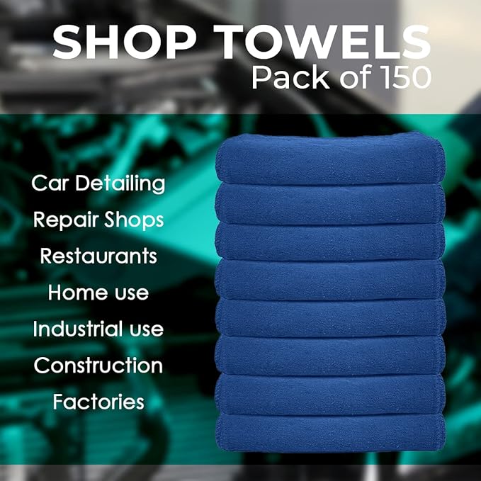 Avalon Towels Cotton Shop Rags – (Pack of 150) Size 12x14 Inches Cleaning Rags – Absorbent Shop Towels and Multipurpose Cleaning Towels for Automobiles Industries Garage and Homes (Blue)