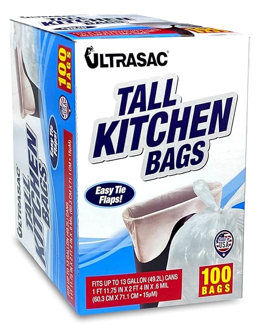 Ultrasac 13 Gallon 0.6 MIL White Tall Kitchen Garbage Bags with Flap Tie - 24 x 28 - Pack of 100 - for Home Kitchen Office Commercial &amp Industrial