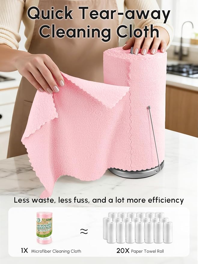 Microfiber Cleaning Cloths Roll 225 Pack Tear Away Microfiber Towels Roll 12 x 12 Lint Free Rags Reusable Cleaning Cloths Washable Scratch FreeUltra Absorbent Dish Rags(Pink)