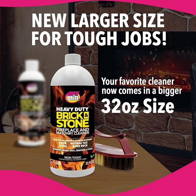 Quick'n Brite Fireplace Brick and Stone Cleaner 32oz with Scrub Brush - Natural Stone Tile and Marble Cleaner - Indoor Fireplace and Wood Stove Cleaning Kit - Pellet Stove Creosote Remover