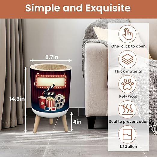 Bathroom Trash Can with Lid Cinema Theater Object red Curtain Showing Electric Frame Garbage Bin Waste Basket for Kitchen Office Bedroom Decoration Diaper Pail 1.8 Gallon