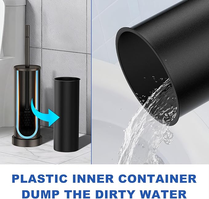 Toilet Brush and Holder Set: 304 Stainless Steel Heavy Duty Toilet Bowl Brush and Holder with Removable Inner Bowl and Splash Protection Long Handle Bathroom Cleaning Tool
