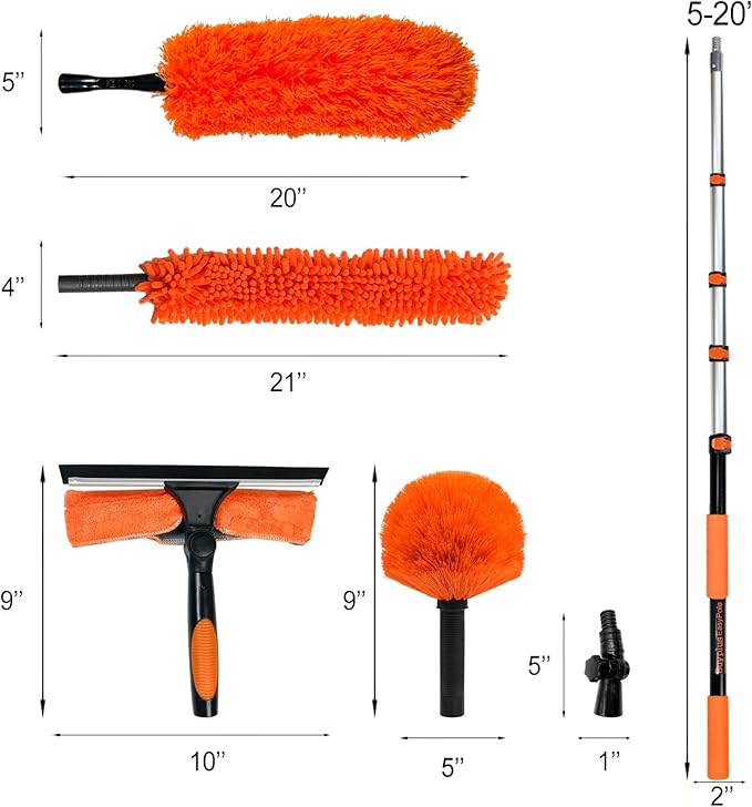 Buyplus 26FT Reach Dusting Kit Long Duster with 5-20FT Extension Pole for High Ceilings Cobweb Duster Microfiber Duster Window Squeegee Extendable Duster Cleaning Kit