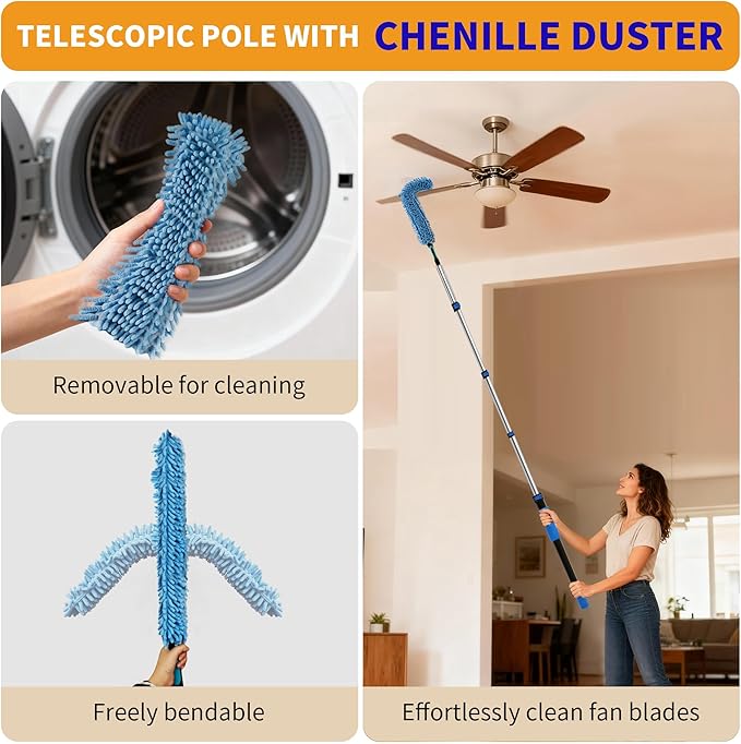 Duster with Extension Pole (20 FT Reach) Light Bulb Changer for High Ceilings &amp 3-12FT Extension Pole Duster Cleaning Kit Fan Duster/Cobweb Duster/Window Washing Kit for High Window Interior Ro