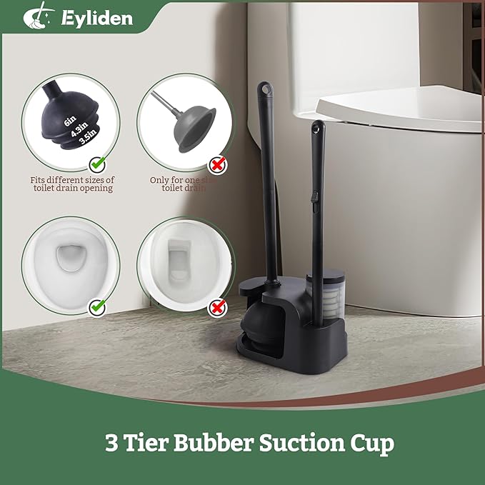 Eyliden Disposable Toilet Brush and Plunger Combo | 2-in-1 Toilet Bowl Wand Kit - 10 Count Pre-Soaked Refill Heads 3-Step Plunger Storage Holder - Compact Toilet Cleaning System (Black)