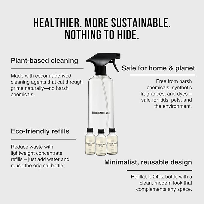 Public Goods Bathroom Cleaner Refill &amp Glass Spray Bottle | Refill Concentrate for Toilets Tile Showers | Cruelty Free | Scented w/Lemon Rosemary Essential Oils | 3 Pack - 24 Oz Diluted