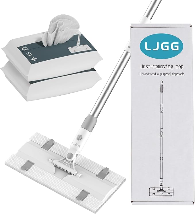 Disposable Pad Flat Mop for Floor Cleaning 15.7 in (40 cm) Aluminum Base 52 in Aluminum Handle Includes 20 Dry Pads + 20 Wet Pads Hands-Free Easy Clean – LJGG (Gray/White)