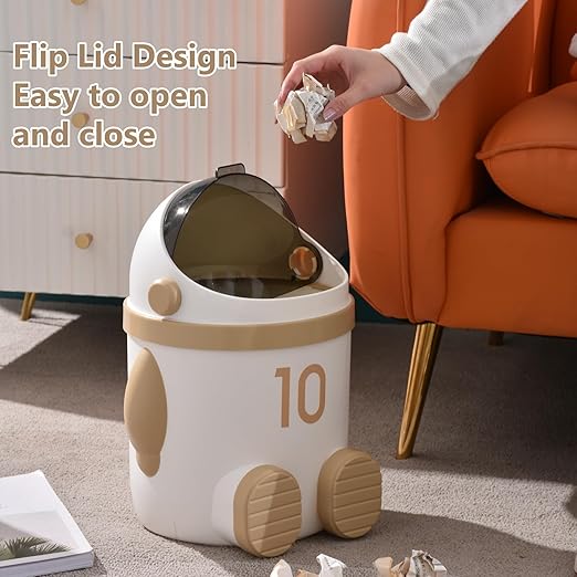 URALFA Astronaut Trash Can 12 Liter /3.2 Gallon Bathroom Trash Can with Lid Cute Trash Bin for Kids Plastic Garbage Can with Swing Lid Spaceman Wastebasket for Bedroom Dorm Living Room Khaki