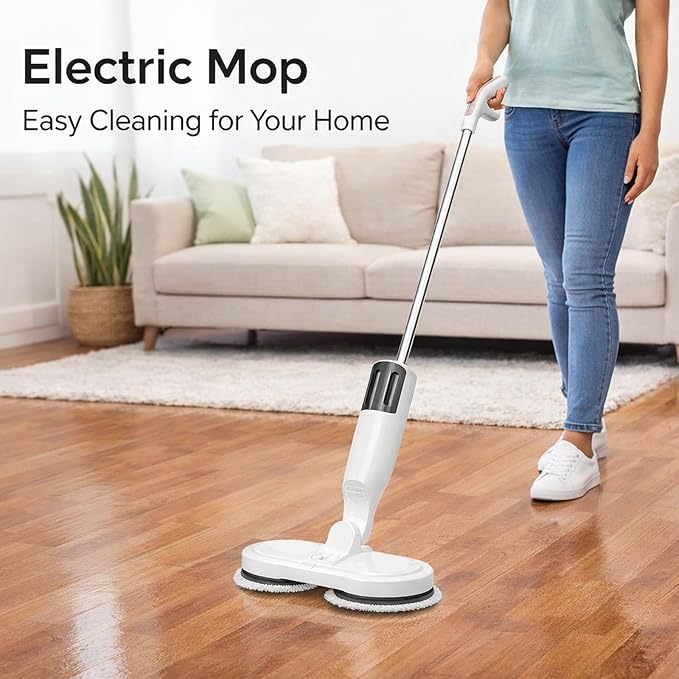 Electric Mop Lightweight Cordless with Water Sprayer Rechargeable 2000mAh Battery White - Quiet Operation Adjustable Length Ideal for Hardwood and Tile Floors (White)