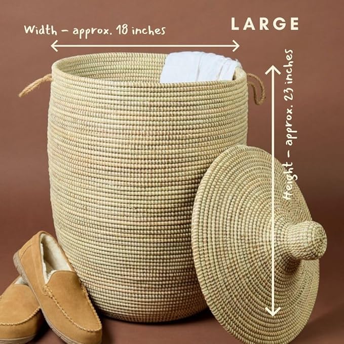Small Natural Beige Decorative Woven Wicker Basket Hamper - Organize Laundry Toys Blankets Pillows Clothes Towels - Storage Bins for Home Baby Nursery Living Room Bedroom Bathroom