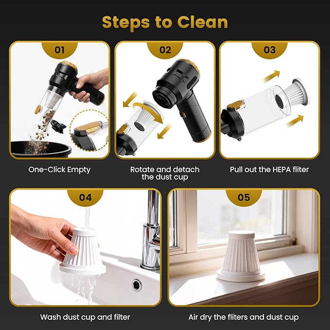 Wansimoo Handheld Car Vacuum Cleaner25000PA Strong Cyclonic Suction Foldable Mini Vacuum Portable Cordless with Digital Display and One Touch Dust Removal for Car Home Office Kitchen (Gold)