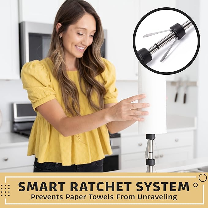 Heavy-Duty Stainless Steel Paper Towel Holder - Easy One-Handed Tear with Suction Cups - Modern Weighted Standing Countertop Dispenser for Kitchen - Holds All Paper Towel Rolls White