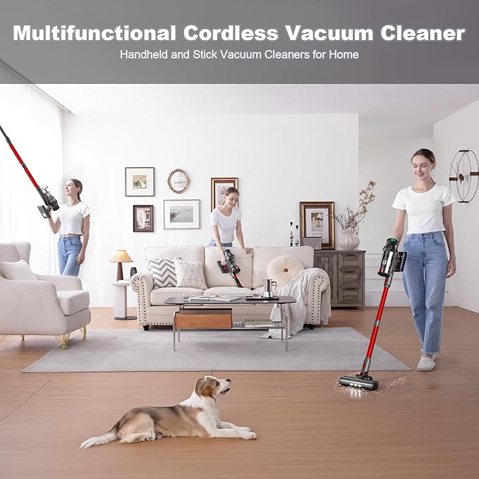 Vacuum Cleaners for Home - Cordless Stick Vacuum Cleaner Lightweight High Power Vac for Pet Hair Carpet Hardwood Floor Handheld Portable Wireless Rechargeable Battery Household VacRed