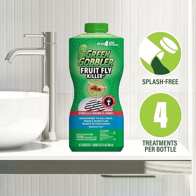 Green Gobbler Fruit Fly Killer+ - Kills Fruit Flies Drain Flies &amp Sewer Flies Gel Treatment for Use in Sinks &amp Pipes - Safe for Septic Systems 32oz - Up to 8 USES (2 Pack)