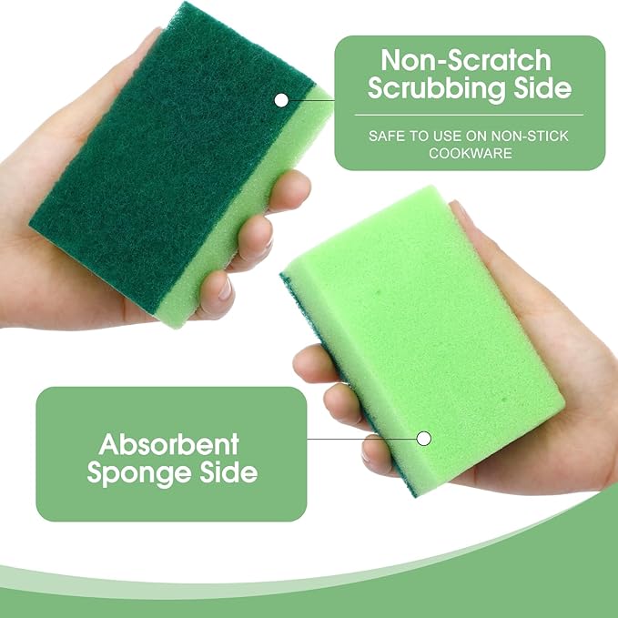 Tioncy 100 Pcs Individually Wrapped Sponges Bulk Kitchen Green Non Scratch Scrub Sponges Dual Sided Cleaning Scrubber for Household Washing Dishes Pots Pans Sinks Stoves Appliances Car Bike