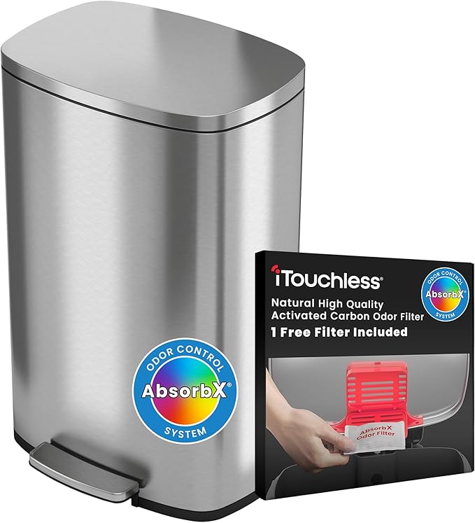 iTouchless 13.2 Gallon SoftStep 2.0 Kitchen Trash Can with AbsorbX Odor Absorber Large Stainless Steel Step Pedal Garbage Bin with Next Gen Quiet Close Lid Technology for Home Office Business Garage