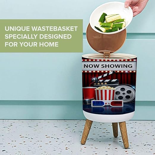 Small Trash Can with Lid Cinema background concept movie theater object on red curtain Garbage Bin Round Waste Bin Press Cover Dog Proof Wastebasket for Kitchen Bathroom Living Room 1.8 Gallon