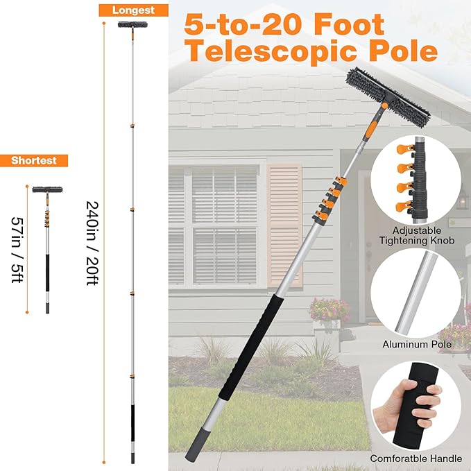 20Ft Window Squeegee with Extension Poles 2-in-1 Window Cleaning Kit with Telescopic Pole Extra-Large 14 Window Squeegee Window Cleaner Tool with Adjustable Head for High Window Glass RV