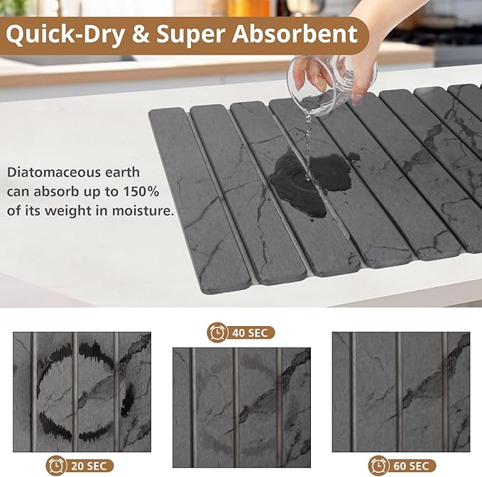 3 PCS Large Stone Dish Drying Mat for Kitchen Counter Quick Dry Stone Dishes Mats Foldable and Super Absorbent Diatomaceous Earth Drying Pad for Plate Rack Utensils 24×16 Dark Gray Marble