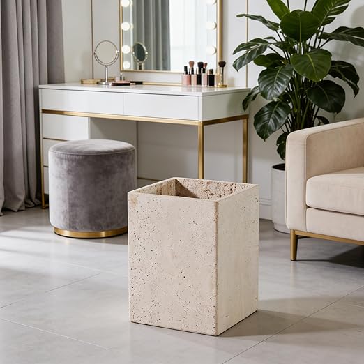 Modern Square Travertine Waste Basket Natural Stone Bathroom Trash Can Decorative Home Garbage Container Beautiful Travertine Look Rubbish Bin for Bathroom Bedroom Kitchen Home Office