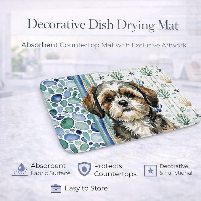 Caroline's Treasures Brindle Shih Tzu Coastal Sea Glass Dish Drying Mat Absorbent Dish Drying Mat Pad for Kitchen Counter Dish Drainer Mat for Countertop 14 x 21 Multicolor