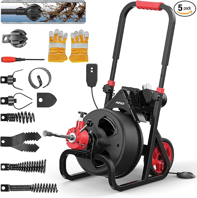 POPULO Drain Cleaner Machine 100Ft x 3/8 Inch Auto feed Sewer Snake Auger on Wheels Electric Drain Auger Professional for 1.5 to 3 Inch Pipes &amp Foot Switch with 8 Cutters