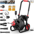 POPULO Drain Cleaner Machine 100Ft x 3/8 Inch Auto feed Sewer Snake Auger on Wheels Electric Drain Auger Professional for 1.5 to 3 Inch Pipes &amp Foot Switch with 8 Cutters