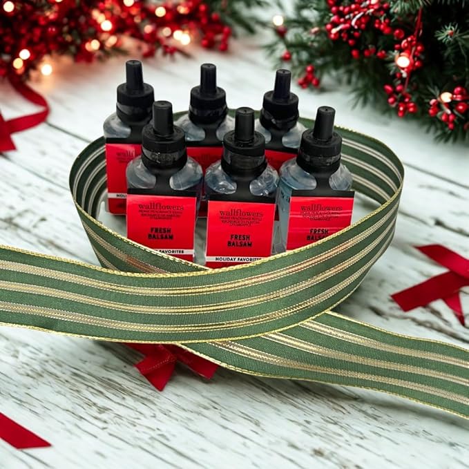 Bath &amp Body Works FRESH BALSAM Wallflowers Home Fragrance Refill Gift Set with 30-Inch Forest Green Ribbon and Metallic Gold Stripes &amp Sheer Accents for Holidays 0.8 fl oz each - Pack of 6