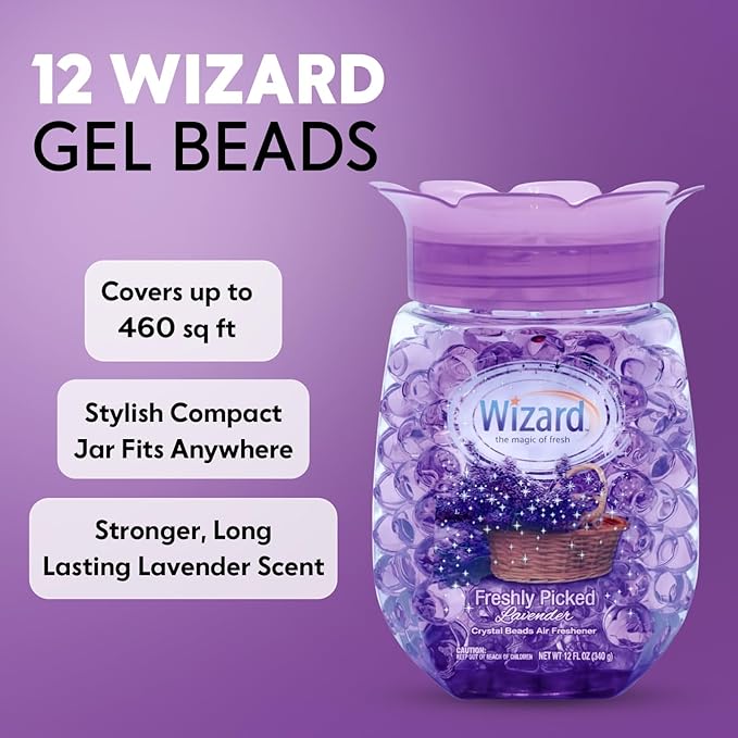 WIZARD Odor Eliminator Gel Beads - 12 oz Pack of 12 - Air Freshners For Bathroom. Rooms Per Areas and Car Freshner (FRESH LAVENDER)