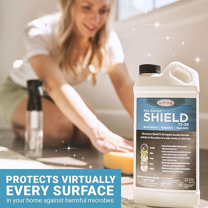 Shield Mold Mildew and Algae Stain and Odor Remover Indoor and Outdoor Cleaner for Bathroom Shower Kitchen Roof Stone Wood Carpet and More by Tile Doctor - 32 FL OZ