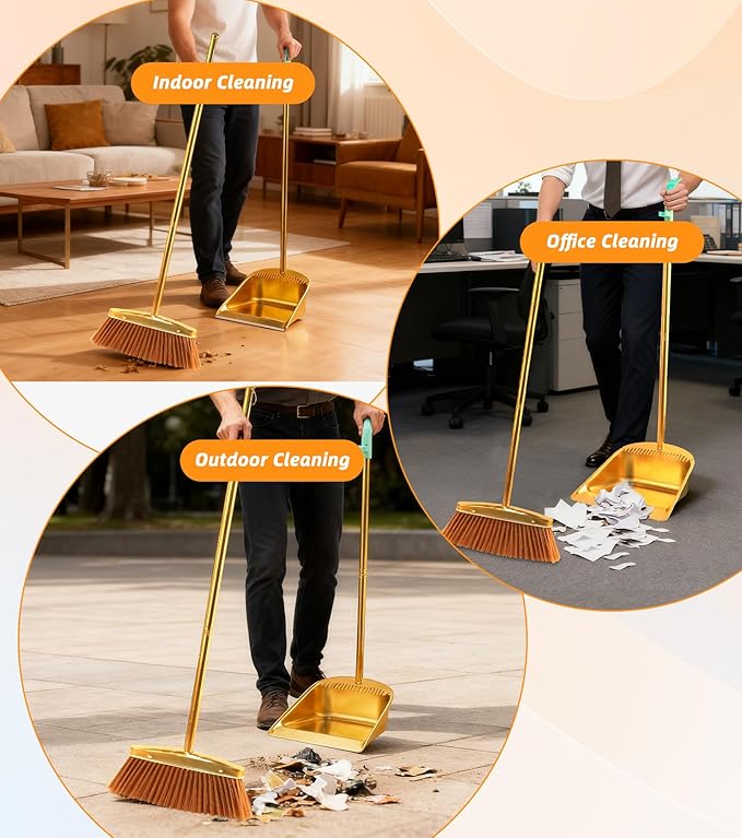 Gold Stainless Steel Broom and Dustpan Set 2-Piece Long Handle Standing Pan with Comb Teeth Heavy Duty Windproof Upright Design for Home Kitchen Indoor Outdoor Use