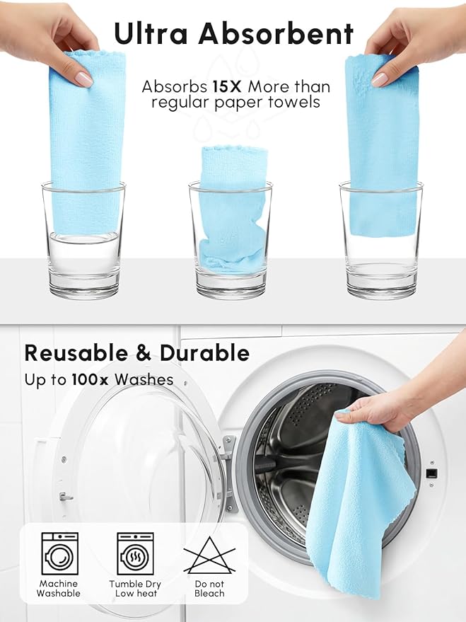 Microfiber Cleaning Cloths Roll 225 Pack Tear Away Microfiber Towels Roll 12 x 12 Lint Free Rags Reusable Cleaning Cloths Washable Scratch FreeUltra Absorbent Dish Rags(Blue)