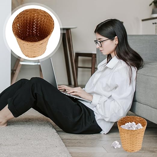 IMIKEYA Wicker Waste Paper Basket Small Woven Basket Desktop Trash Can Wastebasket Decorative Waste Bin Round Garbage Can Rubbish Basket for Bedroom Bathroom Office Home