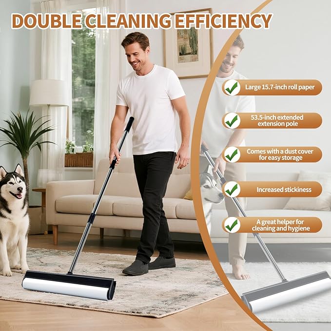 Large Lint Rollers for Carpet 15.74 in Extra Sticky Rollers for Floor with 4 Extendable Handle Long Handle Sticky Mop for Cleaning Carpet Car ClothesDog and Cat Pet Hair Remover with 360 Sheets