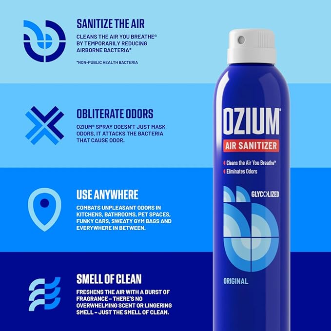 Ozium® 8 Oz. Air Sanitizer &amp Odor Eliminator for Homes Cars Offices and More Original Scent - 4 Pack | Reduces Airborne Bacteria Eliminates Smoke &amp Malodors