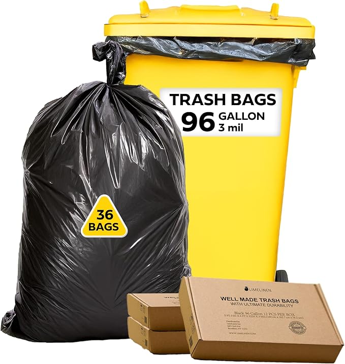 Lime Linen 96 Gallon Heavy Duty Contractor Garbage Bags | Industrial Construction &amp Yard Waste | 36 Pack Extra Thick 3 Mil Twist Ties Included for Secure Closure