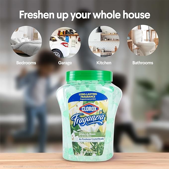 Clorox Fraganzia Crystal Beads Air Freshener Long Lasting Room Deodorizer and Odor Eliminator Gel Beads to Freshen Home Car or Office White Lily Bloom Scent 12 Fl Oz - 12 Pack