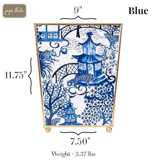 Jaye’s Studio Garden Party Decorative Gold Waste Basket for Bathroom Trash Can no Lid Bedroom Garbage Can Square Office Trash Bin Vanity Enamel White &amp Blue Bathroom Trash Can Gold Feet 9 inch
