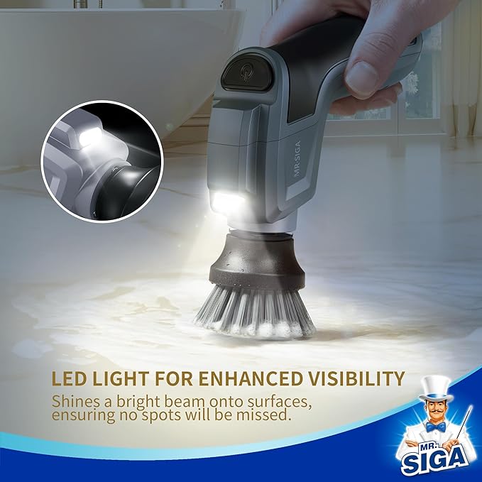 MR.SIGA Electric Spin Scrubber for Kitchen and Bathroom Cleaning Waterproof Rechargeable Cordless Spin Scrubber with 5 Replaceable Cleaning Brushes and Pads