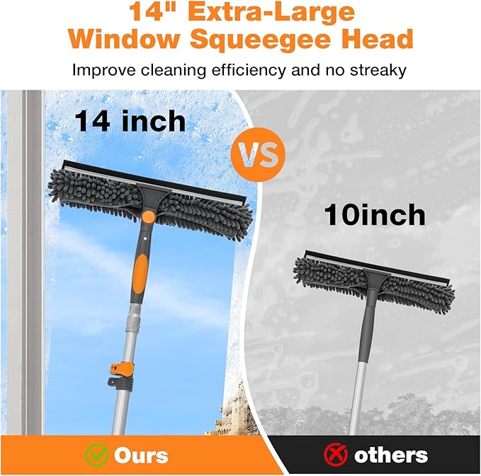 12Ft Window Squeegee with Extension Poles 2-in-1 Window Cleaning Kit with Telescopic Pole Extra-Large 14 Window Squeegee Window Cleaner Tool with Adjustable Head for High Window Glass RV