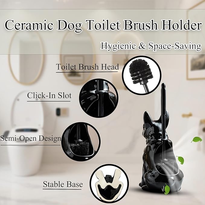 2026 Ceramic Dog Toilet Brush Holder Set French Bulldog Design with 2PCS Durable Plastic Brush Modern Bathroom Accessories (Black)
