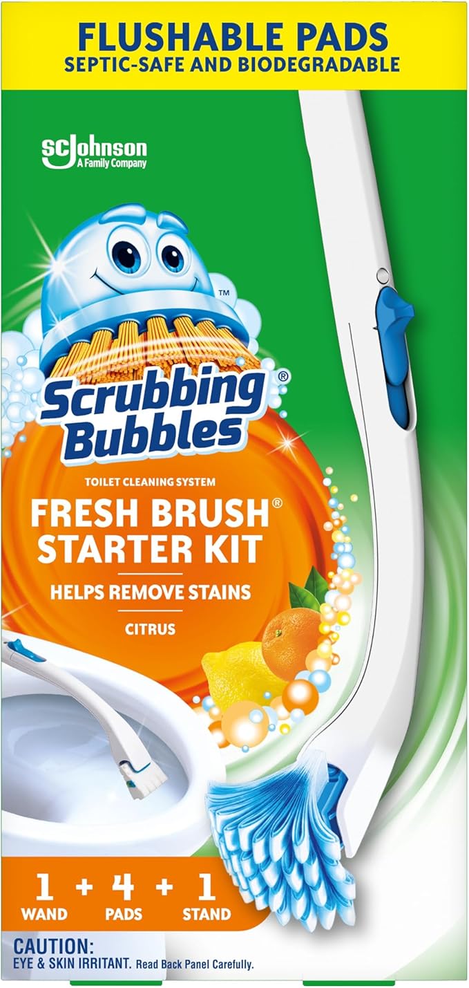 Scrubbing Bubbles Toilet Bowl Brush and Holder with Cleaner Refill Pads Fresh Brush Toilet Wand Starter Kit Cleans Limescale &amp Fights Odors Citrus Scent 1 Wand + 4 Refills + 1 Stand (Pack of 4