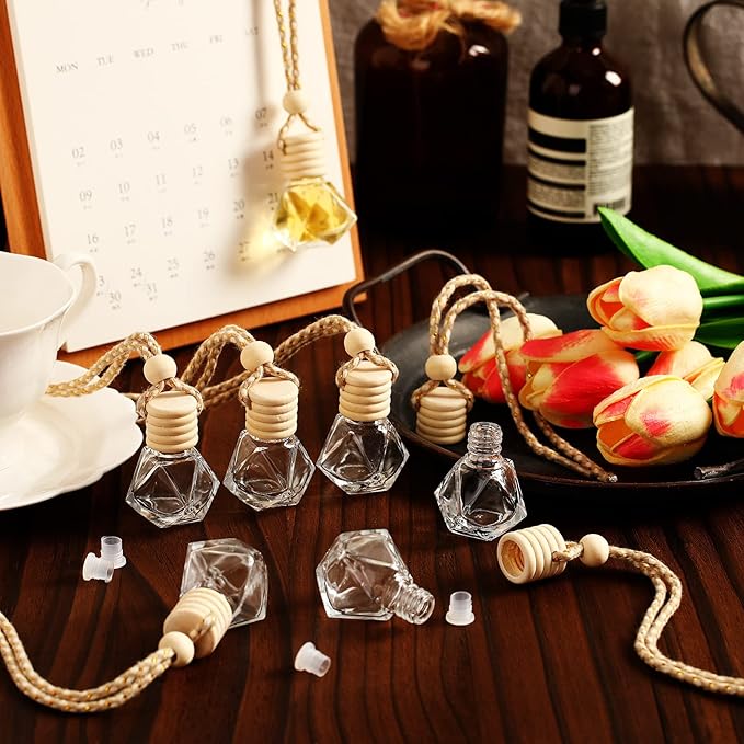 BBTO 50 Pcs Hanging Car Air Freshener Car Diffuser Bottles Empty Glass Perfume Bottle Freshener Diffuser Bottle Pendant for Essential Oil Fragrance Aromatherapy Ornament(Rhombus)