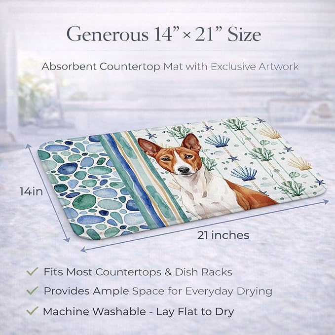 Caroline's Treasures Red and White Basenji Coastal Sea Glass Dish Drying Mat Absorbent Dish Drying Mat Pad for Kitchen Counter Dish Drainer Mat for Countertop 14 x 21 Multicolor