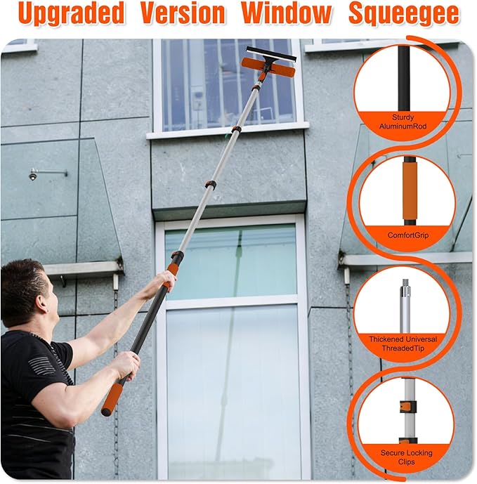 25FT Reach Window Squeegee Kit with Extension Pole 2-in-1 Professional Washer for High Windows 5-20FT Adjustable Reach Rotatable Head for Indoor &amp Outdoor Use Streak-Free Cleaning Tool for Hom