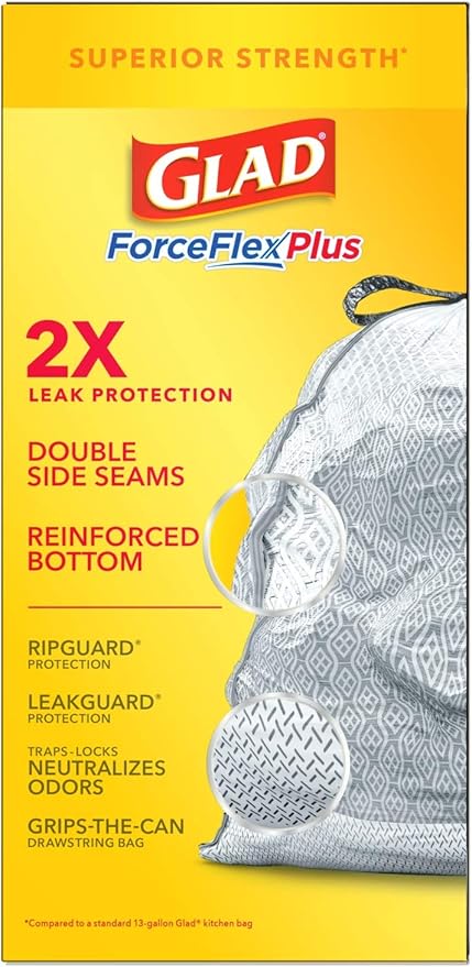 Glad Trash Bags ForceFlexPlus Tall Garbage Drawstring Garbage Bags - 13 Gallon Grey Trash Bag Lavender with Febreze Freshness 34 Count (Package May Vary)