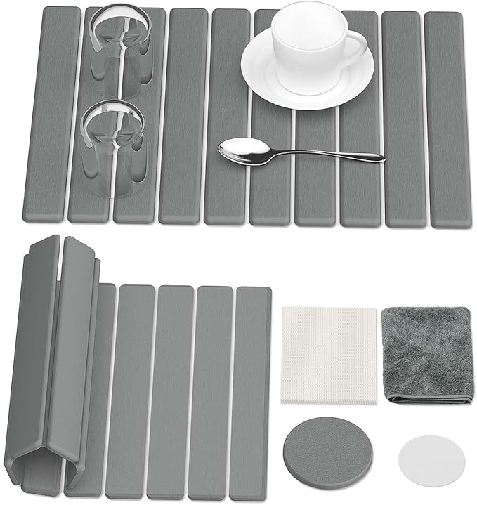 Stone Dish Drying Mat for Kitchen Counter 24(L)×16(W) Collapsible Fast Drying Diatomaceous Earth Mats with Towel Sanding ToolVersatile Stone Drying Mats for Cups Dishes Bottles Bathroom -Gray