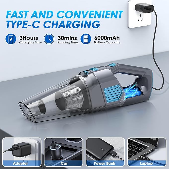 Handheld Vacuum Cordless 15000PA Strong Suction Hand Held Car Vacuum Cleaner Rechargeable Portable Hand Vacuum with Multi-Nozzles &amp Washable Filter for Home Office Car Pets