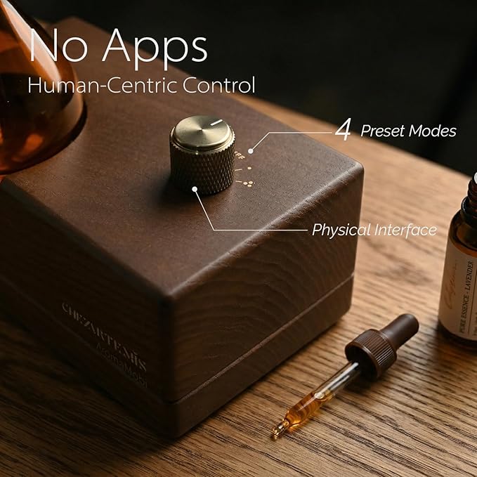 Amber Premium Glass Essential Oil Diffuser with Handmade Wood Base for Aromatherapy Retro Waterless Scent Diffuser with Cool Mist Rechargeable &amp Wireless Oil Nebulizer with LED &amp Timer 2026